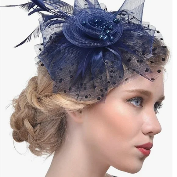 Blue Polka Dot Derby Fascinator Light Blue Kentucky Derby Hat, Black Polka Dot Bow, Made in  main image 2